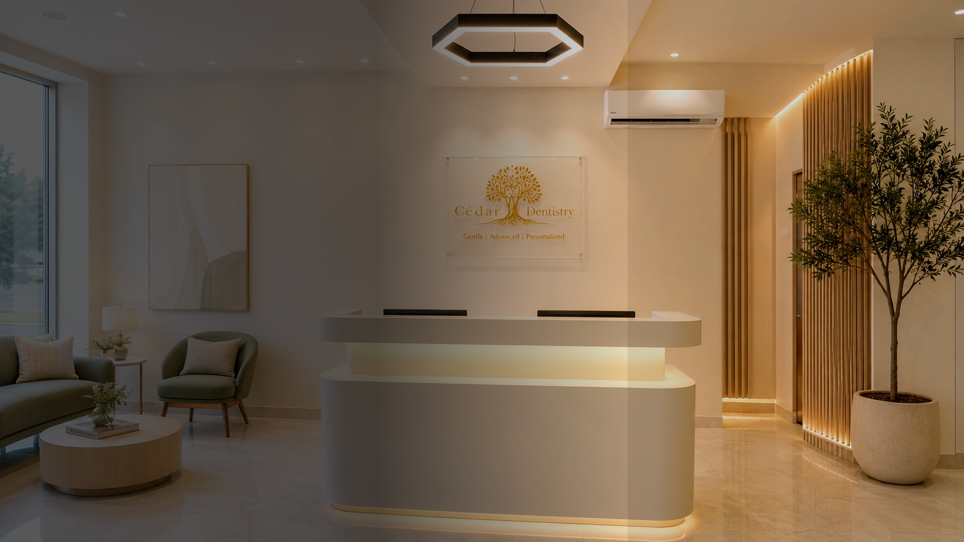 Cédar Dentistry clinic entrance at dusk